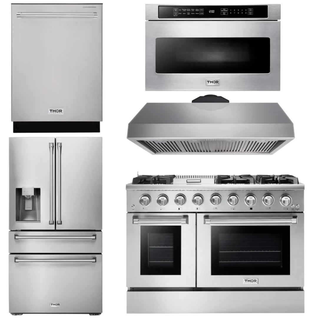 48 Gas Range, Range Hood, Refrigerator with Water and Ice Dispenser, Dishwasher, Microwave N440965