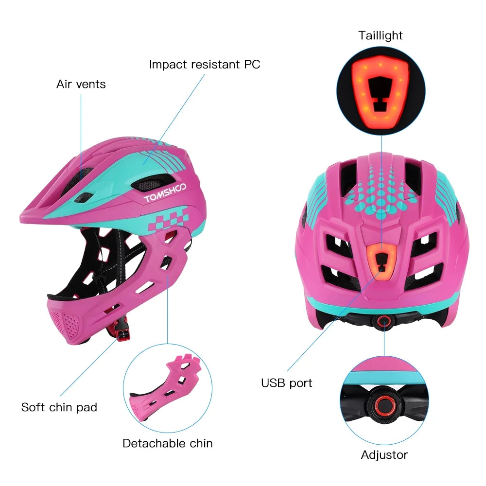 Kid Bike Full Face Helmet with Taillight and Detachable Chin Guard W7126