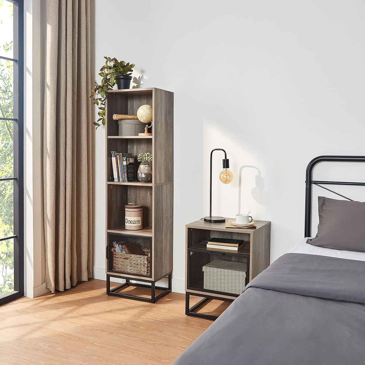 Grey 4-Tier Wood Bookcase with 4 Display Cases N812014