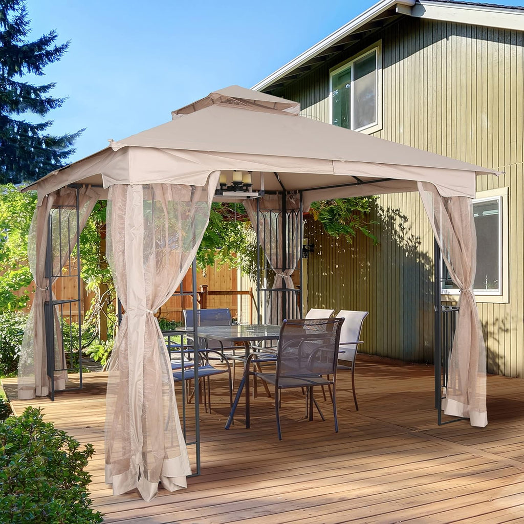 10x10 Outdoor Gazebo with Mosquito Netting Metal Frame Khaki C6646