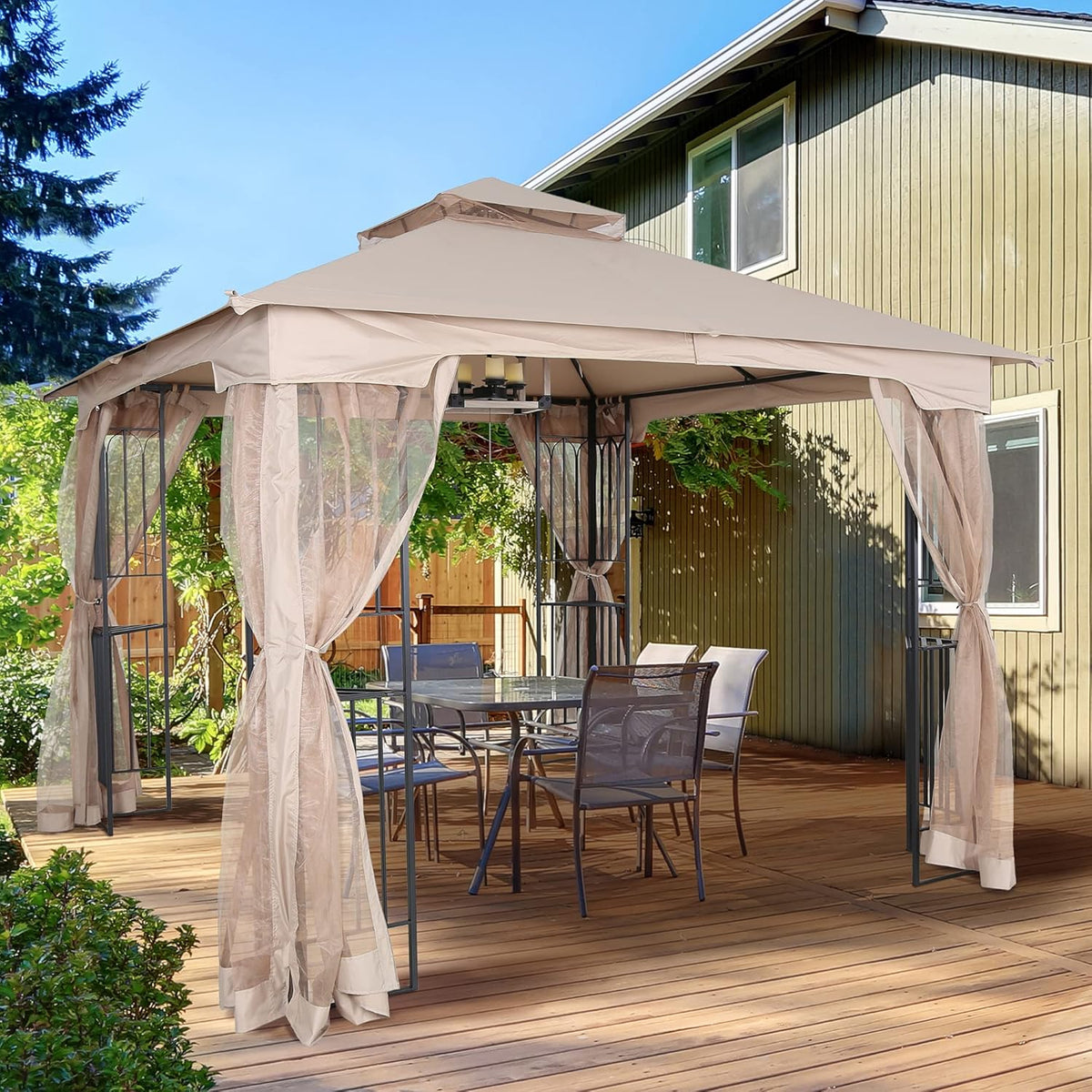 10x10 Outdoor Gazebo with Mosquito Netting Metal Frame Khaki C6646