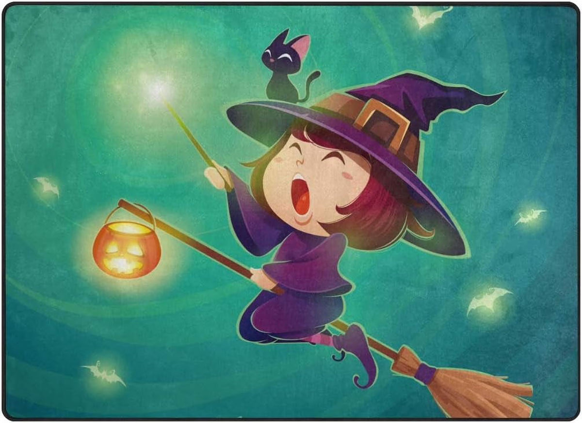 Halloween Flying Little Witch Green Lightweight Carpet Mats Area Soft Rugs Floor Mat Rug A130