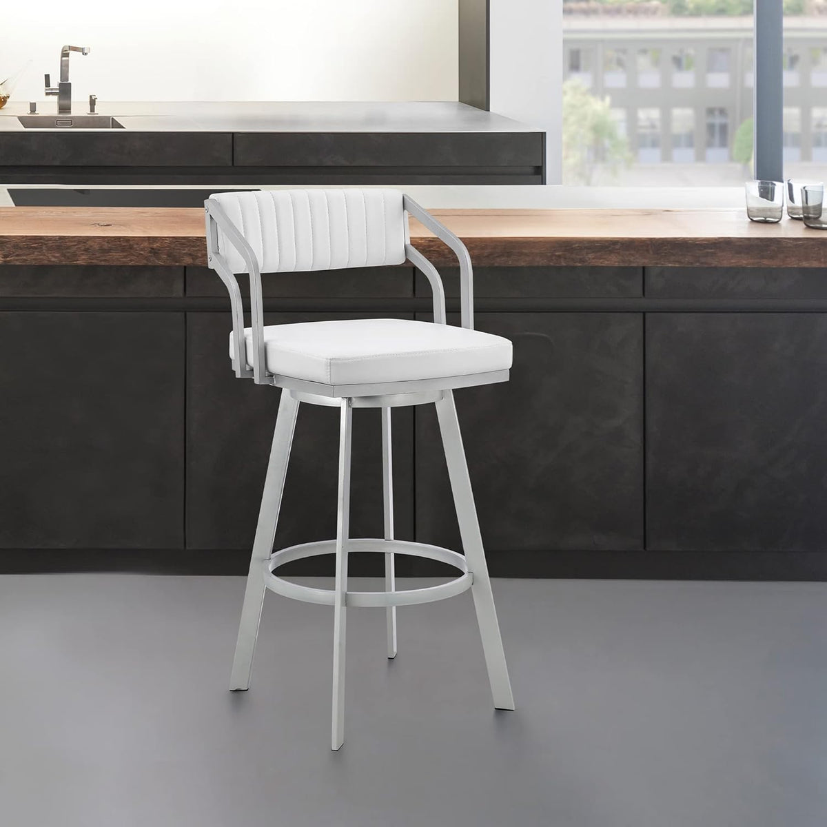 26 Counter Height Swivel Barstool with Black Finish and Slate Grey Faux Leather W118