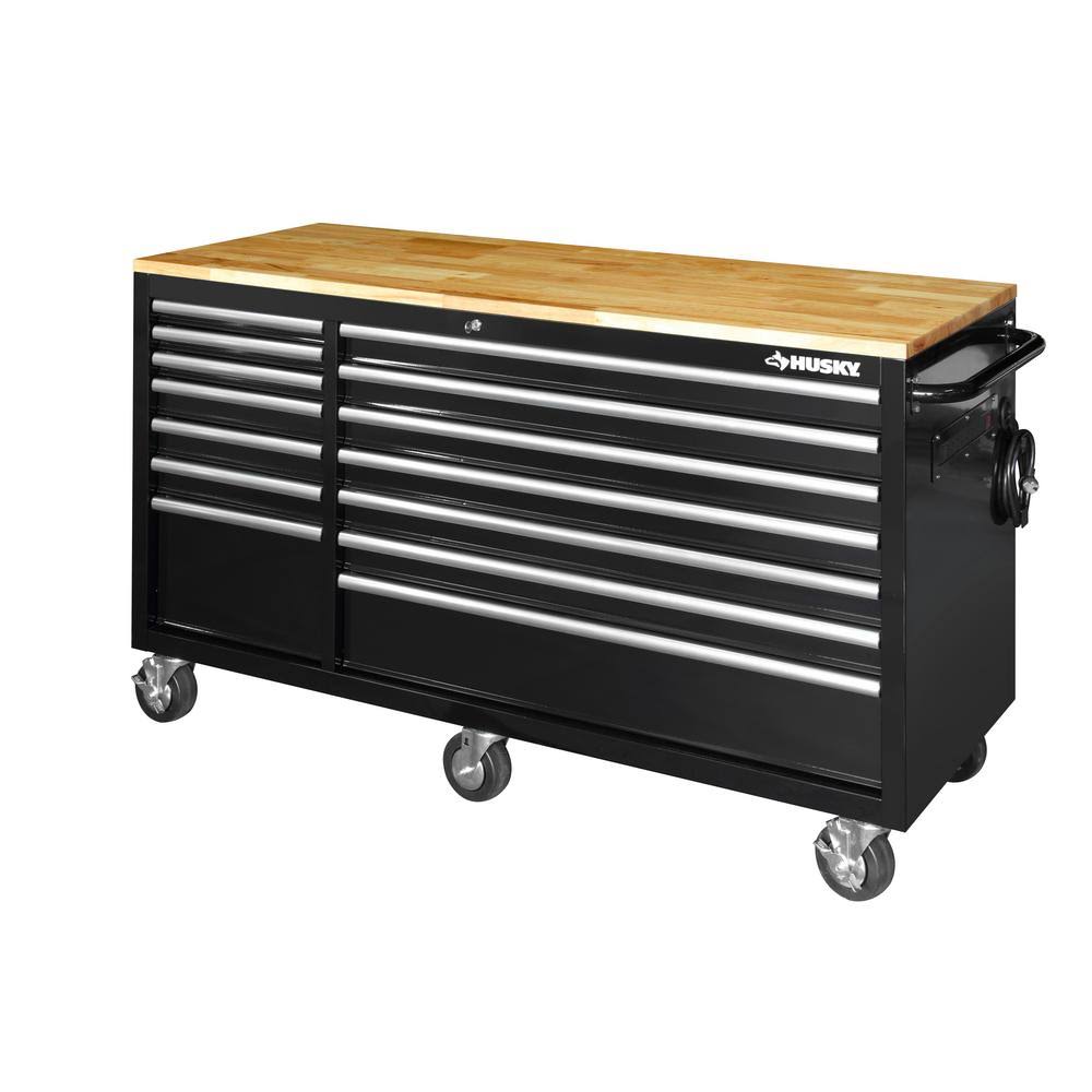 Black 14-Drawer Mobile Workbench with Solid Wood Top F4019