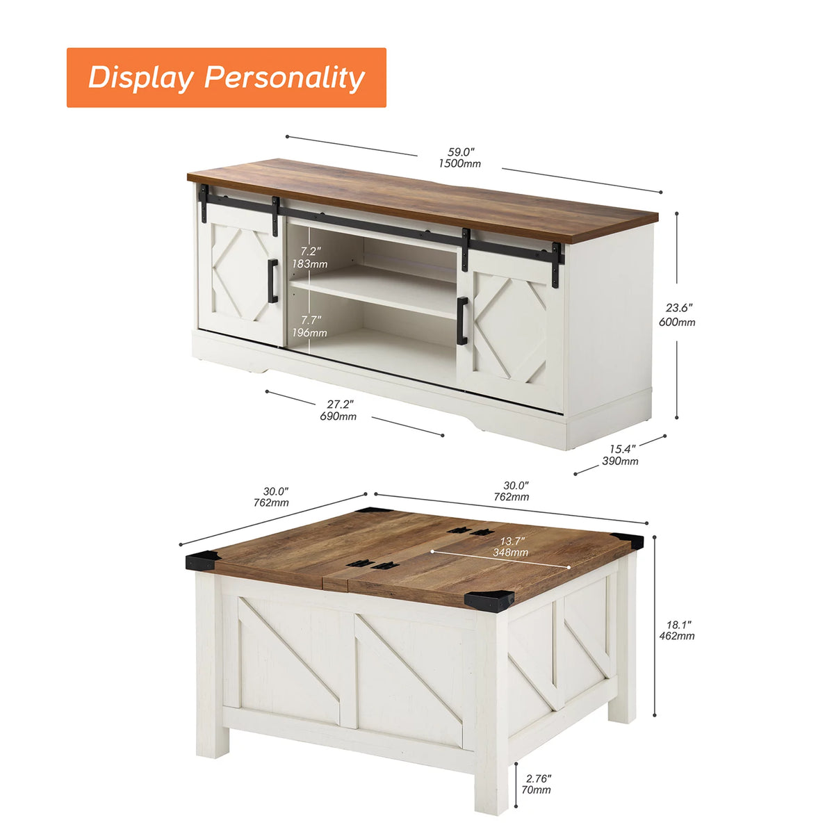 White Sliding Barn Door TV Stand and Lift-Top Coffee Table Set of 2 F2101