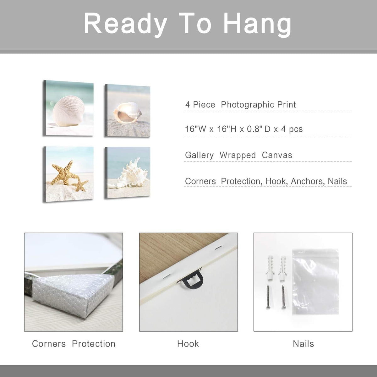 Starfish & Seashells Canvas Wall Art, 4 Pcs, Multi-Sized E231686