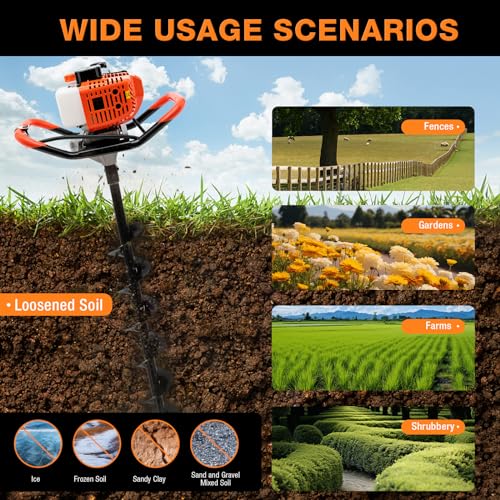 52cc 1700W Gas Powered Auger Post Hole Digger with 3 Drill Bits Y85339