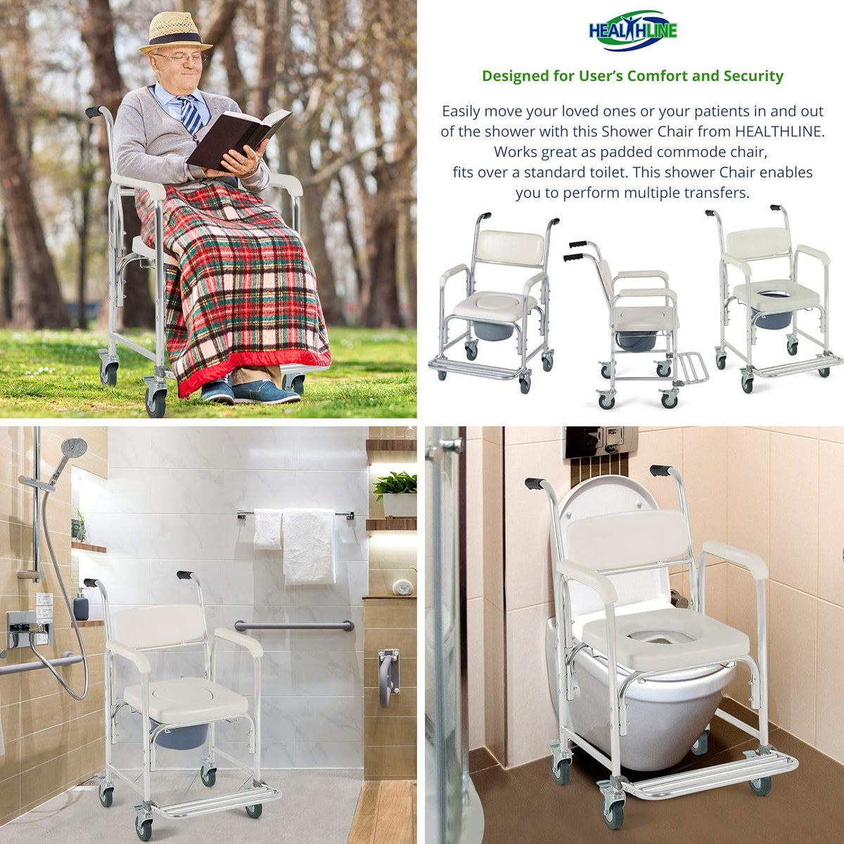 Medical Commode Toilet Rolling Shower Chair With Casters C630