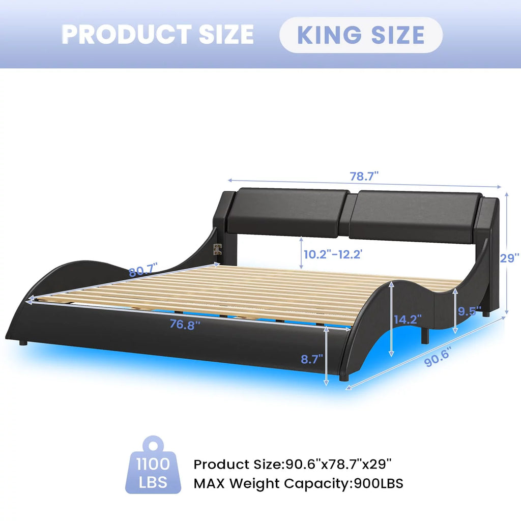 King Size Faux Leather Platform Bed Frame with Headboard and LED Lights M70667