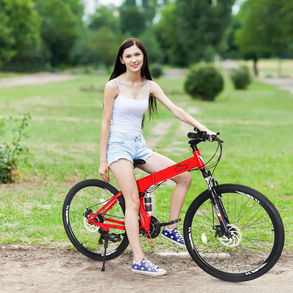 Folding Mountain Bike 21-Speed 26 inch Wheels Red V440495
