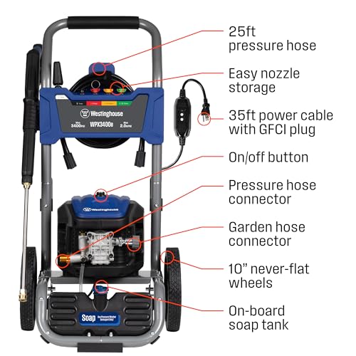 Electric Pressure Washer, 3400 Max PSI, 2.0 Max GPM, Brushless Motor, Onboard Soap Tank, Spray Gun and Wand, 5 Nozzle Set P8421
