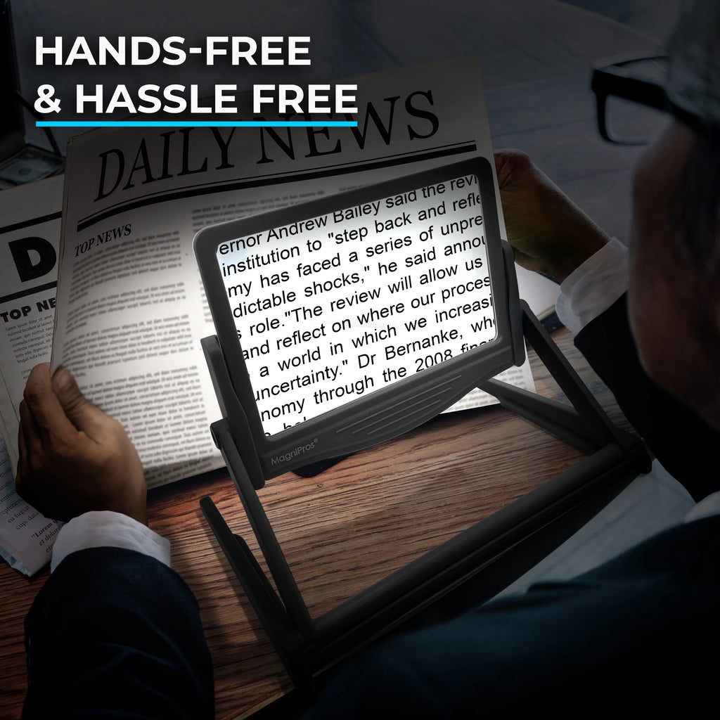5X Large LED Full Page Magnifying Glass with Collapsible Hands-Free Stand & 3 Color Modes F931