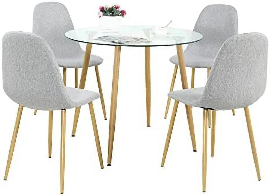 5 Pieces Round Glass Dining Table Set with Fabric Chairs T2169