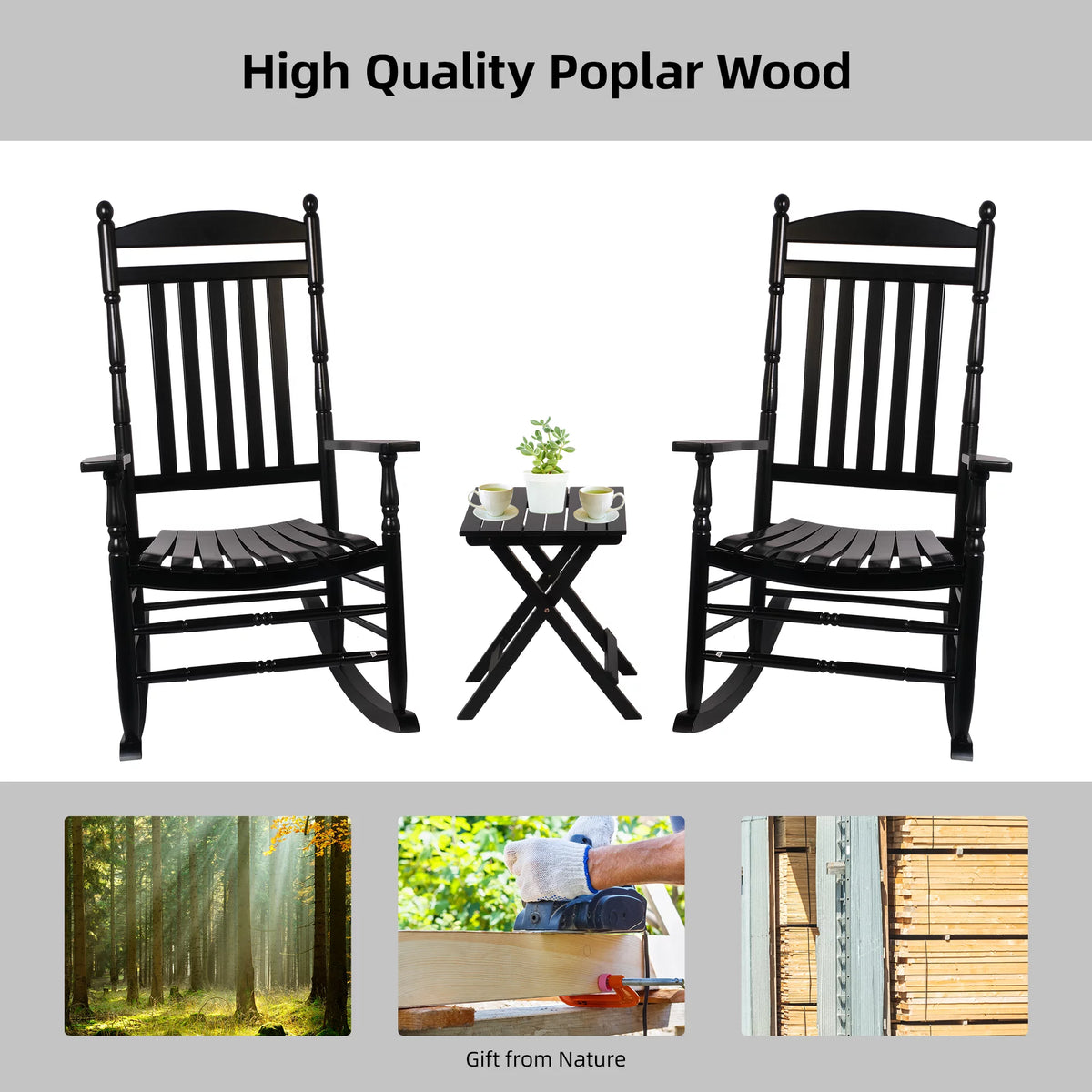Set of 2 Oversized Black Wood Outdoor Rocking Chairs N35953