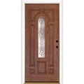 Medina Brass Center Arch Lite Stained Medium Oak Left-Hand Inswing Fiberglass Prehung Door E599136
