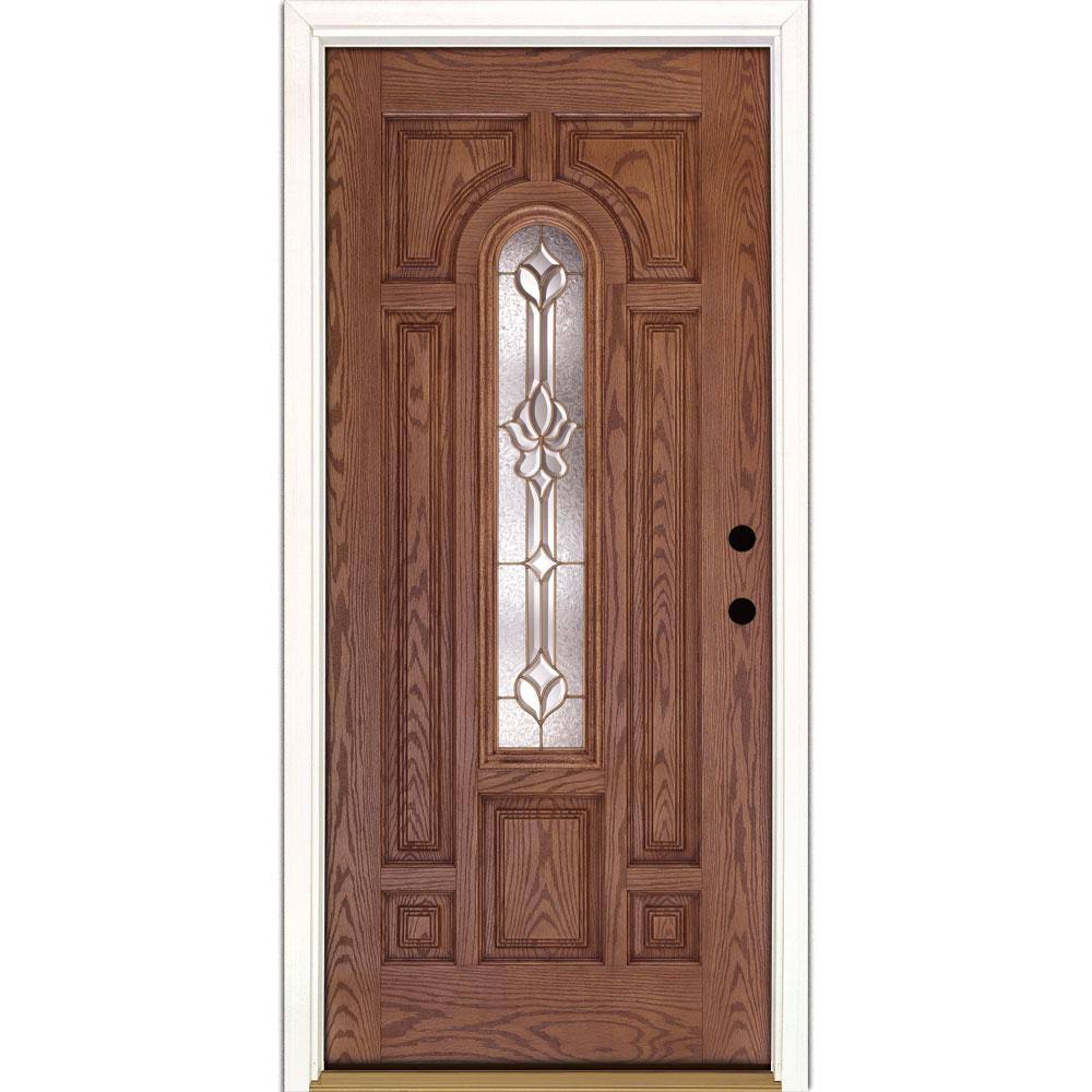 Medina Brass Center Arch Lite Stained Medium Oak Left-Hand Inswing Fiberglass Prehung Door E599136