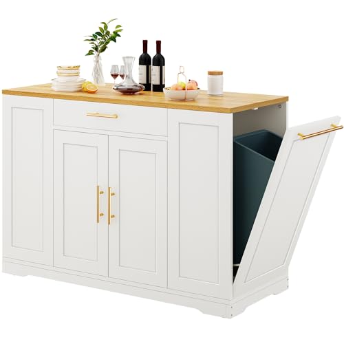 White Oak Rolling Kitchen Island with Trash Can Storage G26977