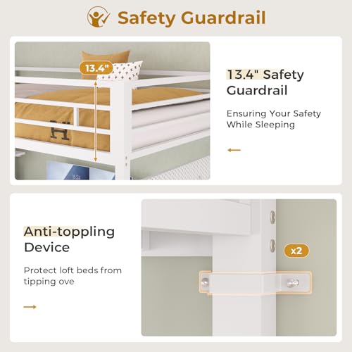 Twin Metal Loft Bed with L-Shaped Desk, LED Lights, Charging Station, Fabric Drawers & Shelves, White S2433