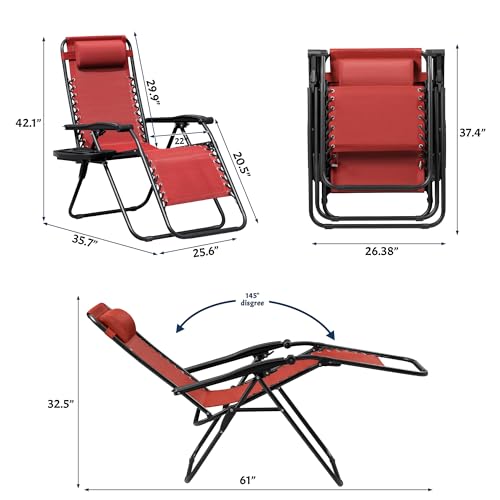 Zero Gravity Chairs Set of 2 Adjustable Steel Mesh Recliners with Cup Holder Tray and Pillow C8975
