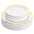 100 White Plastic Plates with Gold Trim, 50 Dinner Plates 10.25" + 50 Salad Plates 7.5" K7244
