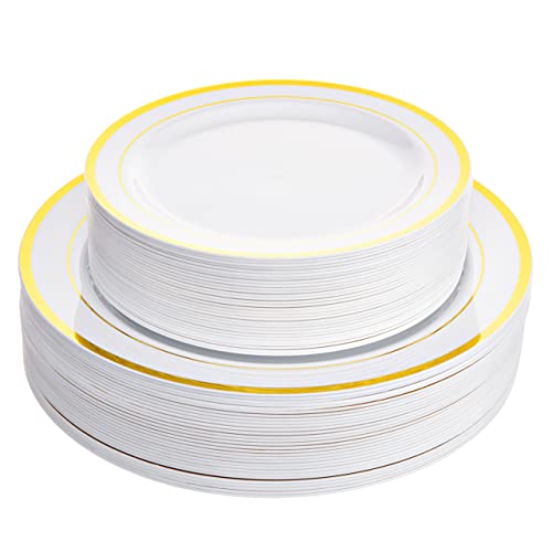 100 White Plastic Plates with Gold Trim, 50 Dinner Plates 10.25" + 50 Salad Plates 7.5" K7244