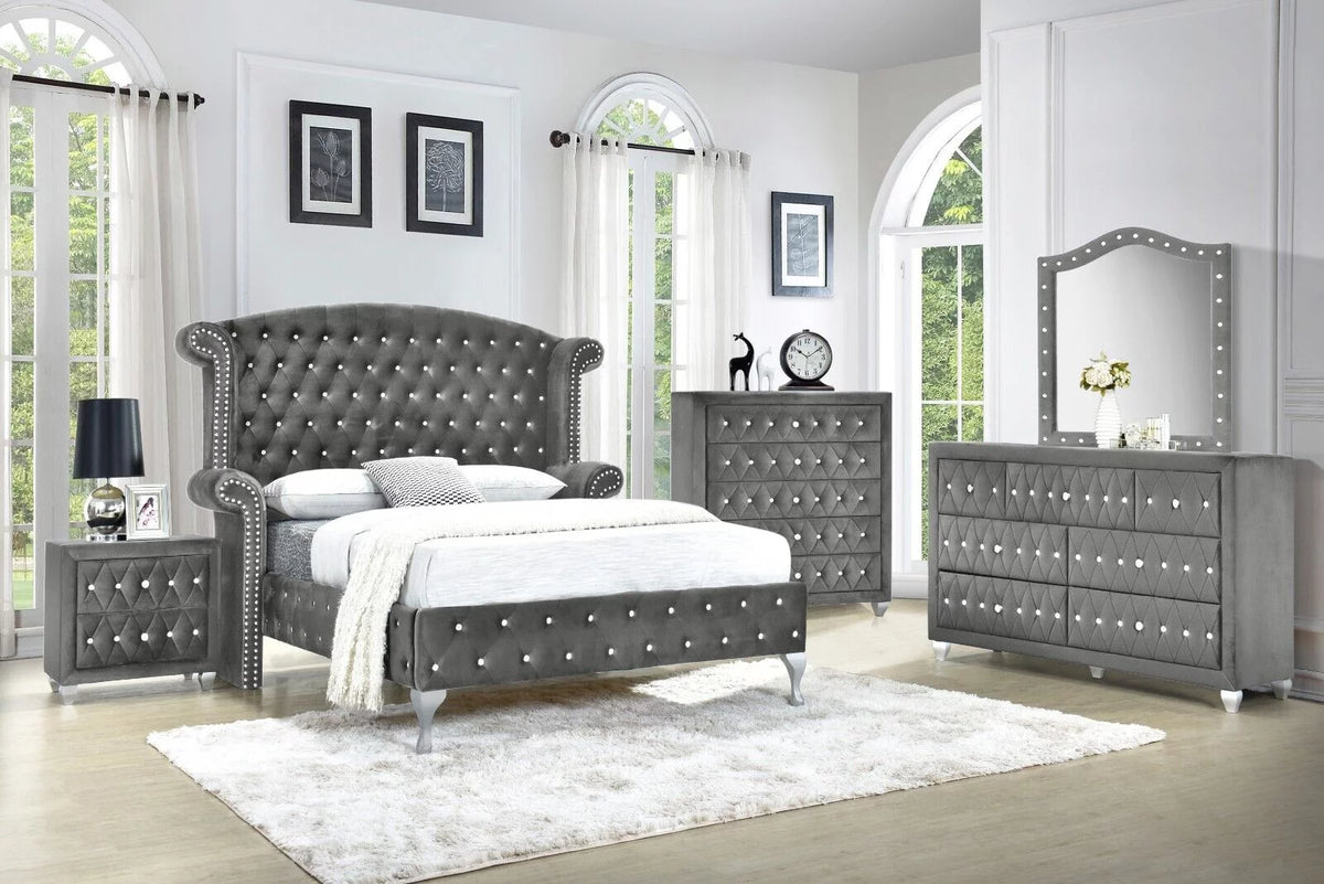 Gray Velvet Queen Size 6Pc Bedroom Furniture Set U70921