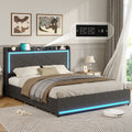 Queen Bed Frame with LED Lights Headboard and Charging Station, Upholstered Platform Bed with Storage Drawers, Dark Gray Q8630