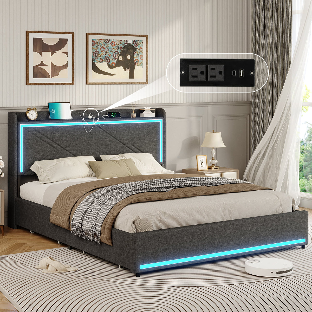 Queen Bed Frame with LED Lights Headboard and Charging Station, Upholstered Platform Bed with Storage Drawers, Dark Gray Q8630