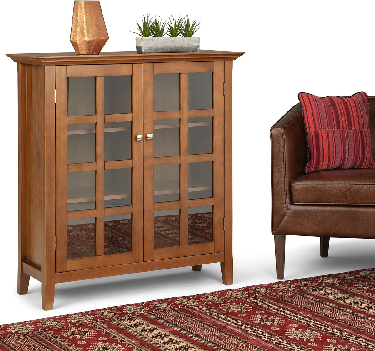 Distressed Grey Solid Wood Storage Cabinet with 2 Tempered Glass Doors and 4 Adjustable Shelves B265242