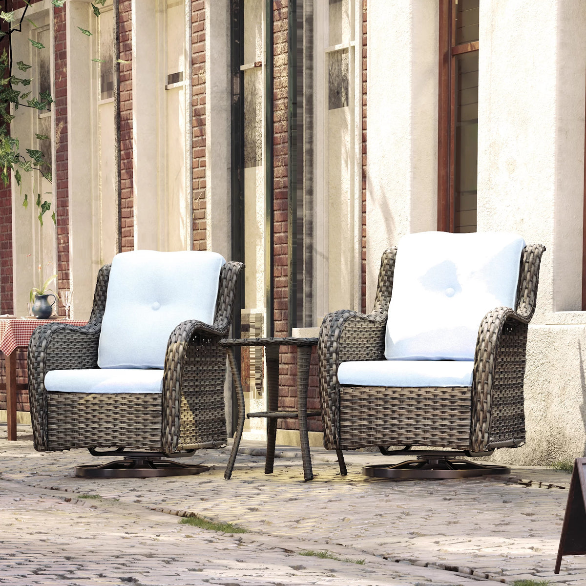 Outdoor Swivel Rocker Wicker Patio Chairs Set of 2 with Table, Blue J633778