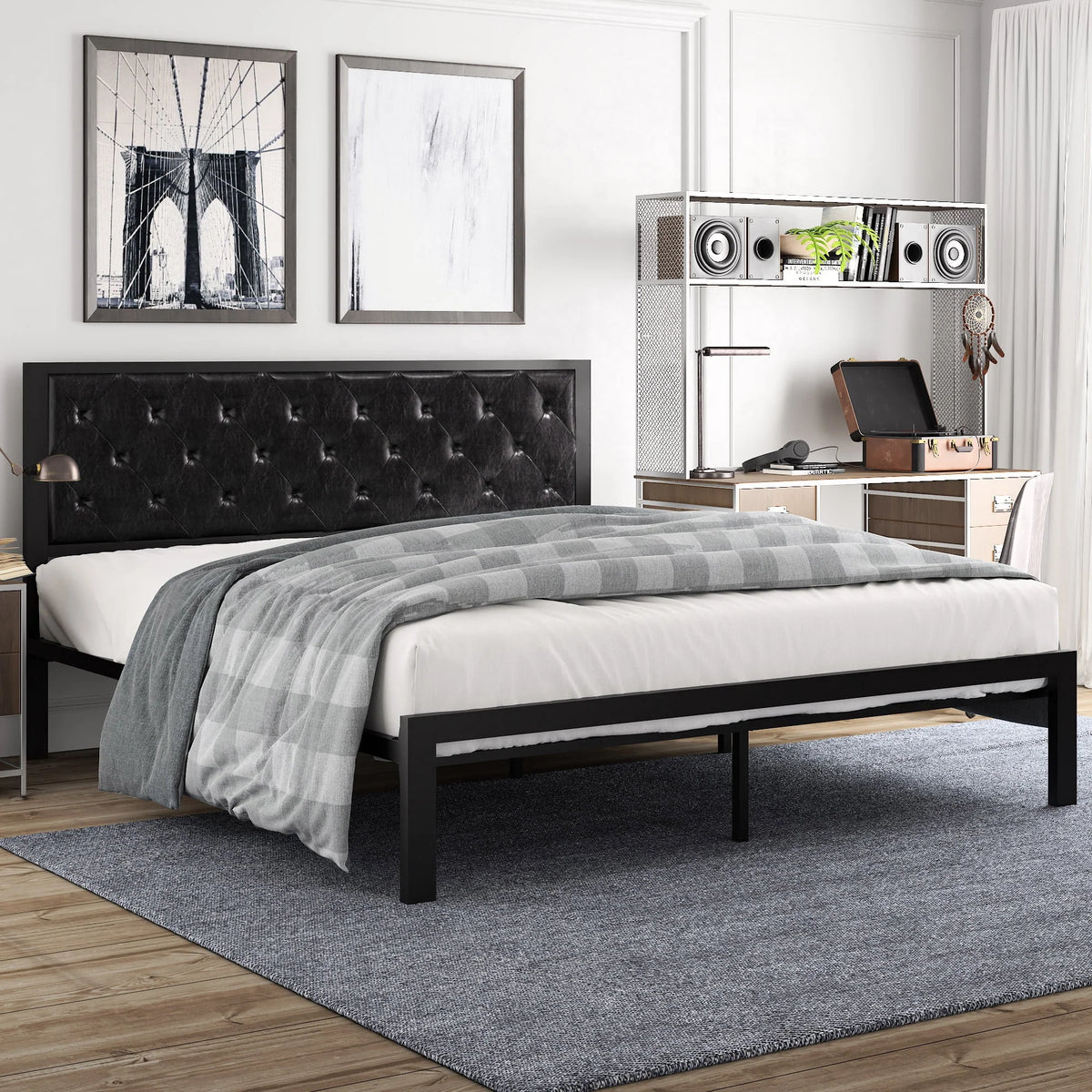 Twin Size Metal Bed Frame with Upholstered Headboard F589