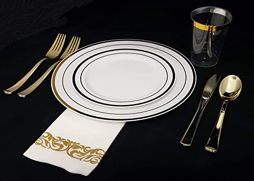 100 White Plastic Plates with Gold Trim, 50 Dinner Plates 10.25" + 50 Salad Plates 7.5" K7244