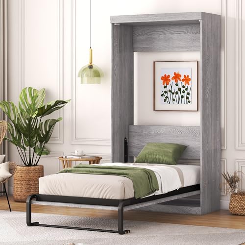 Full Size Murphy Bed with Storage Shelves and Drawers, Gray U639787