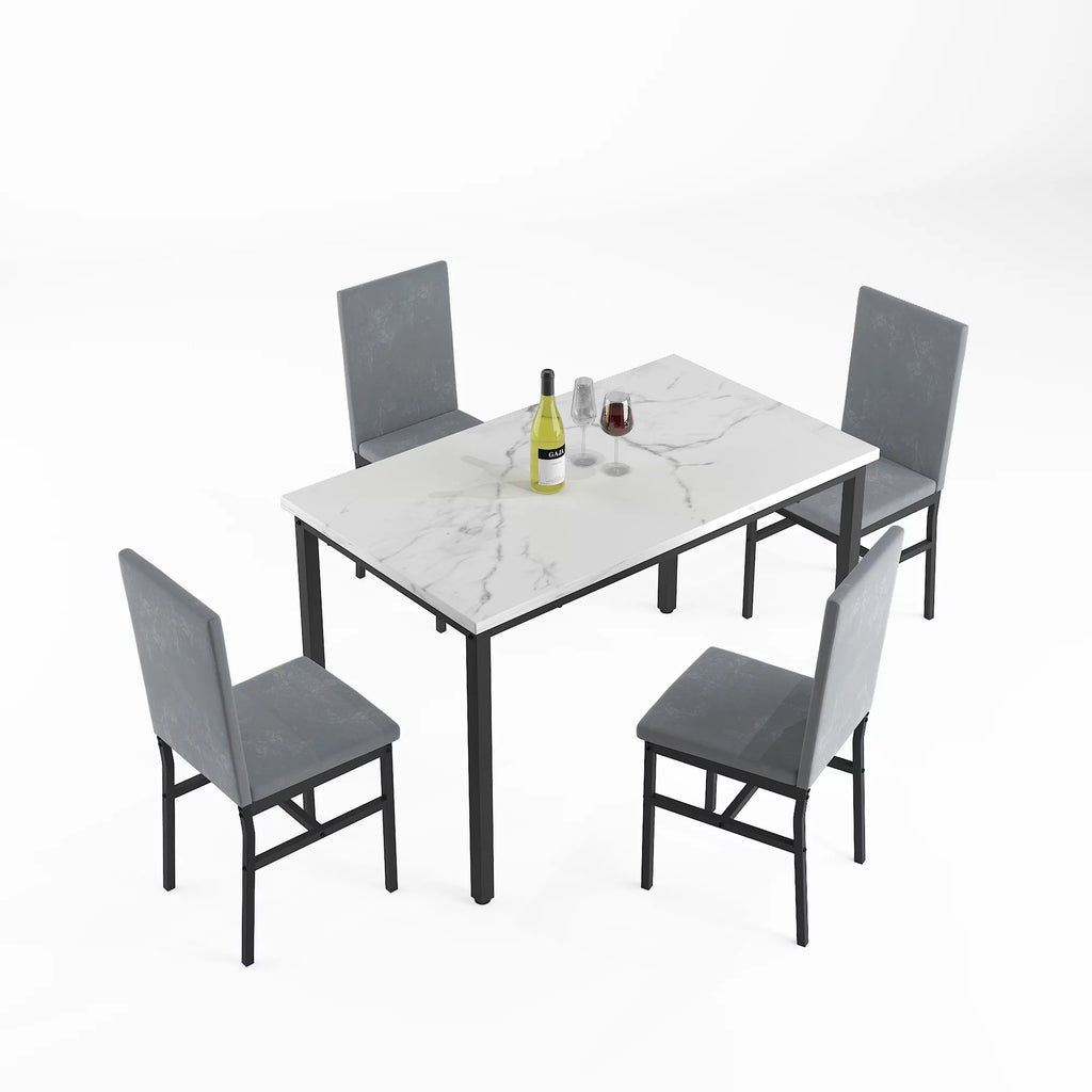 5-Piece White Marble Top Dining Table and 4 Gray Velvet Chairs A2125