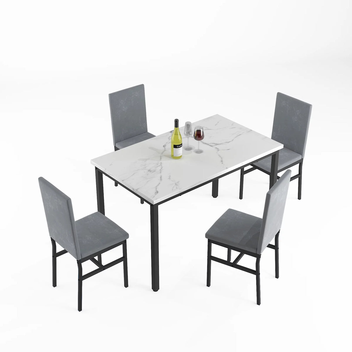 5-Piece White Marble Top Dining Table and 4 Gray Velvet Chairs A2125