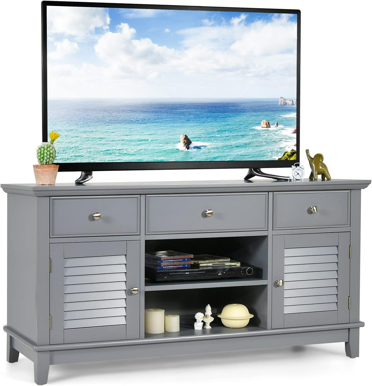 Wood TV Stand with 3 Drawers & 2 Shutter Door Cabinets (Brown) G279744