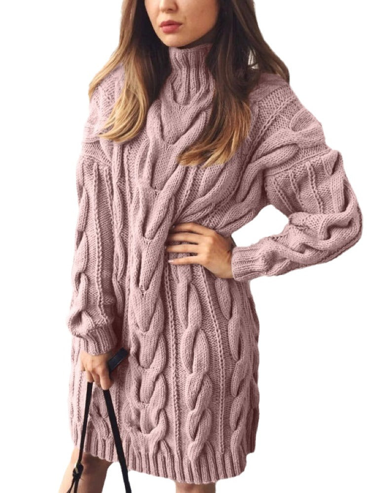 Turtleneck Cable Knit Long Sweater Dress I922161