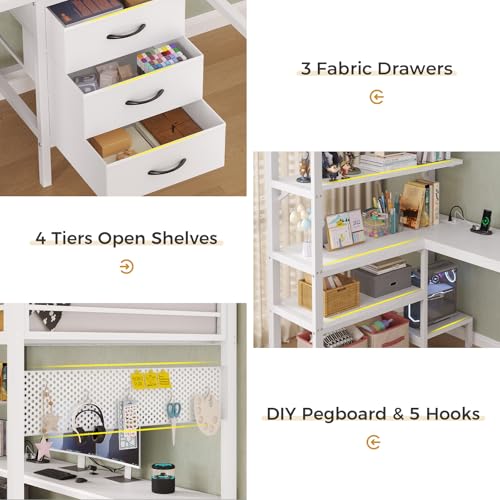 Twin Metal Loft Bed with L-Shaped Desk, LED Lights, Charging Station, Fabric Drawers & Shelves, White S2433