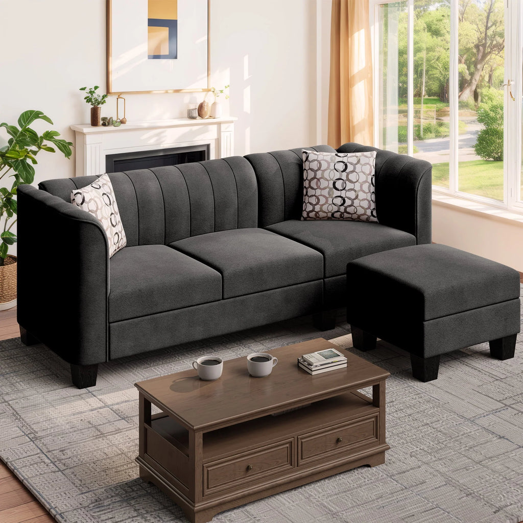 Black L Shaped Linen Fabric Sectional Sofa N8312