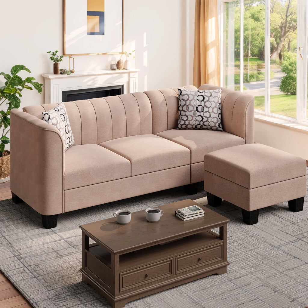 Black L Shaped Linen Fabric Sectional Sofa N8312