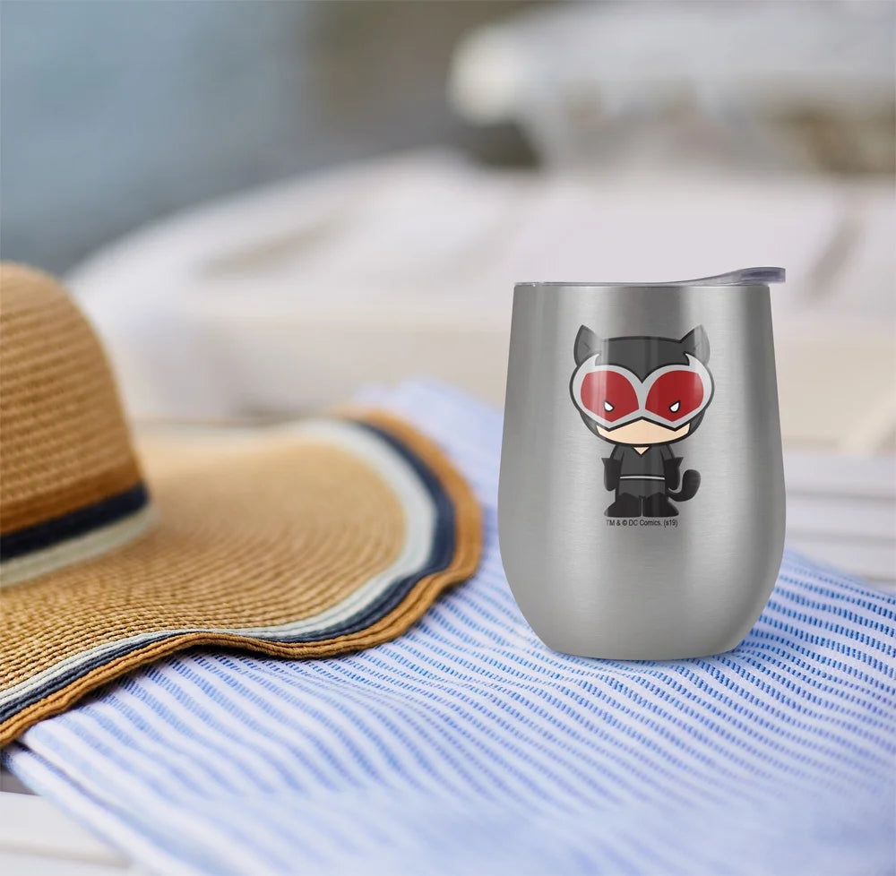 Catwoman Chibi 12 OZ Stemless Wine Tumbler, Stainless Steel Travel Cup with Leak Resistant Slide-Lock Lid X385528