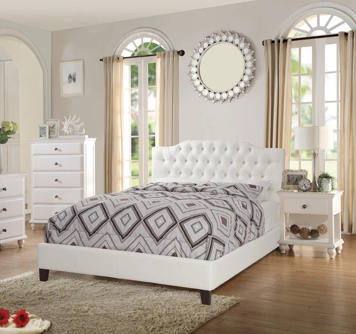 King Size Bed with 2 Nightstands White Faux Leather L9350