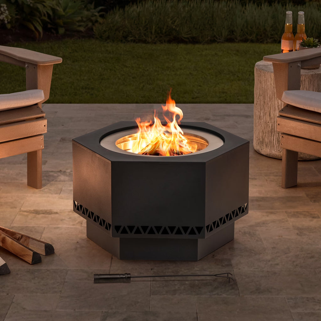 Black Hexagonal Smokeless Fire Pit with PVC Cover and Fire Poker I920684