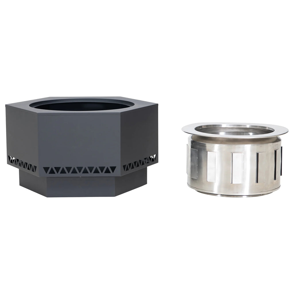 Black Hexagonal Smokeless Fire Pit with PVC Cover and Fire Poker I920684