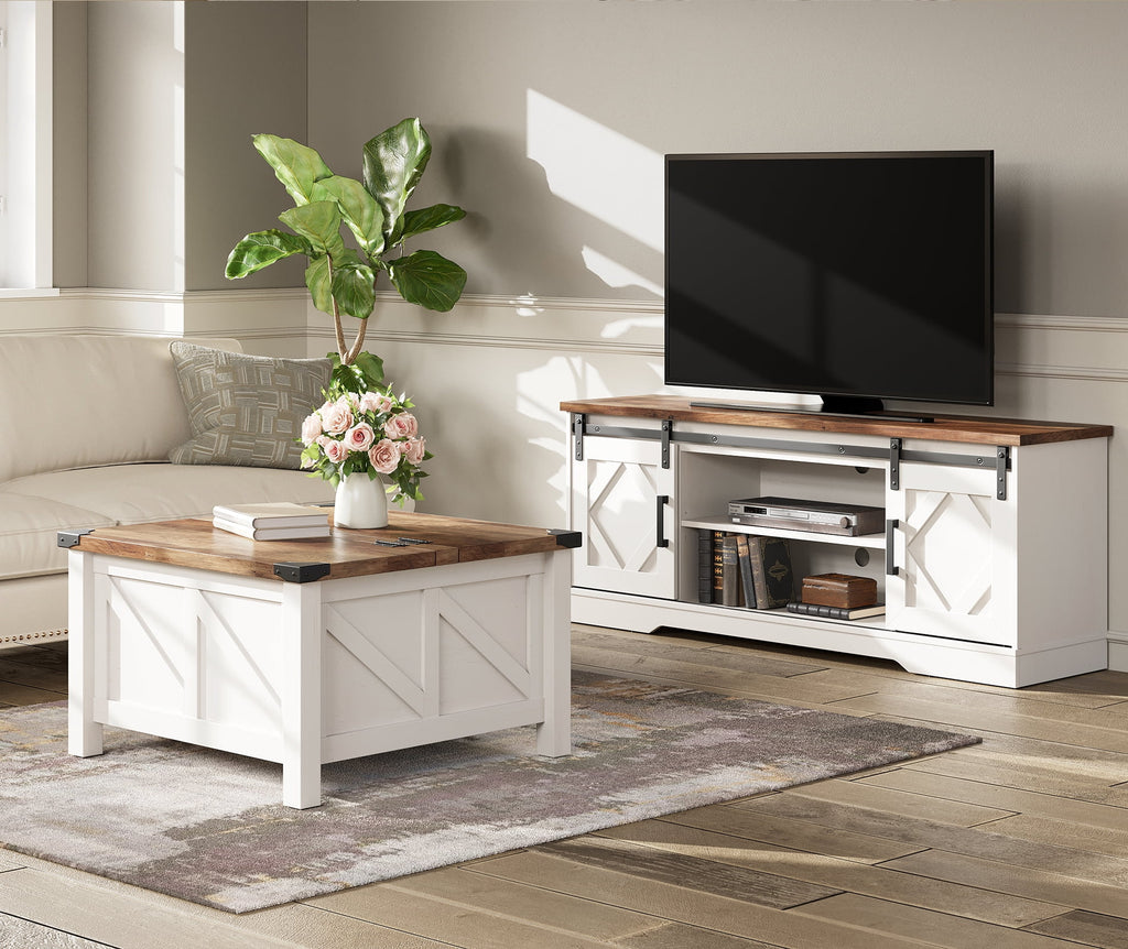 White Sliding Barn Door TV Stand and Lift-Top Coffee Table Set of 2 F2101