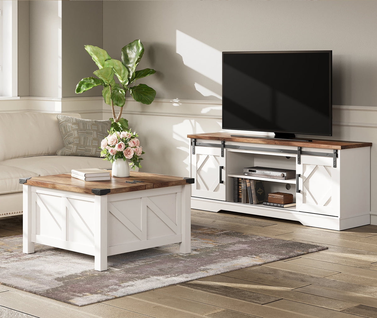 White Sliding Barn Door TV Stand and Lift-Top Coffee Table Set of 2 F2101