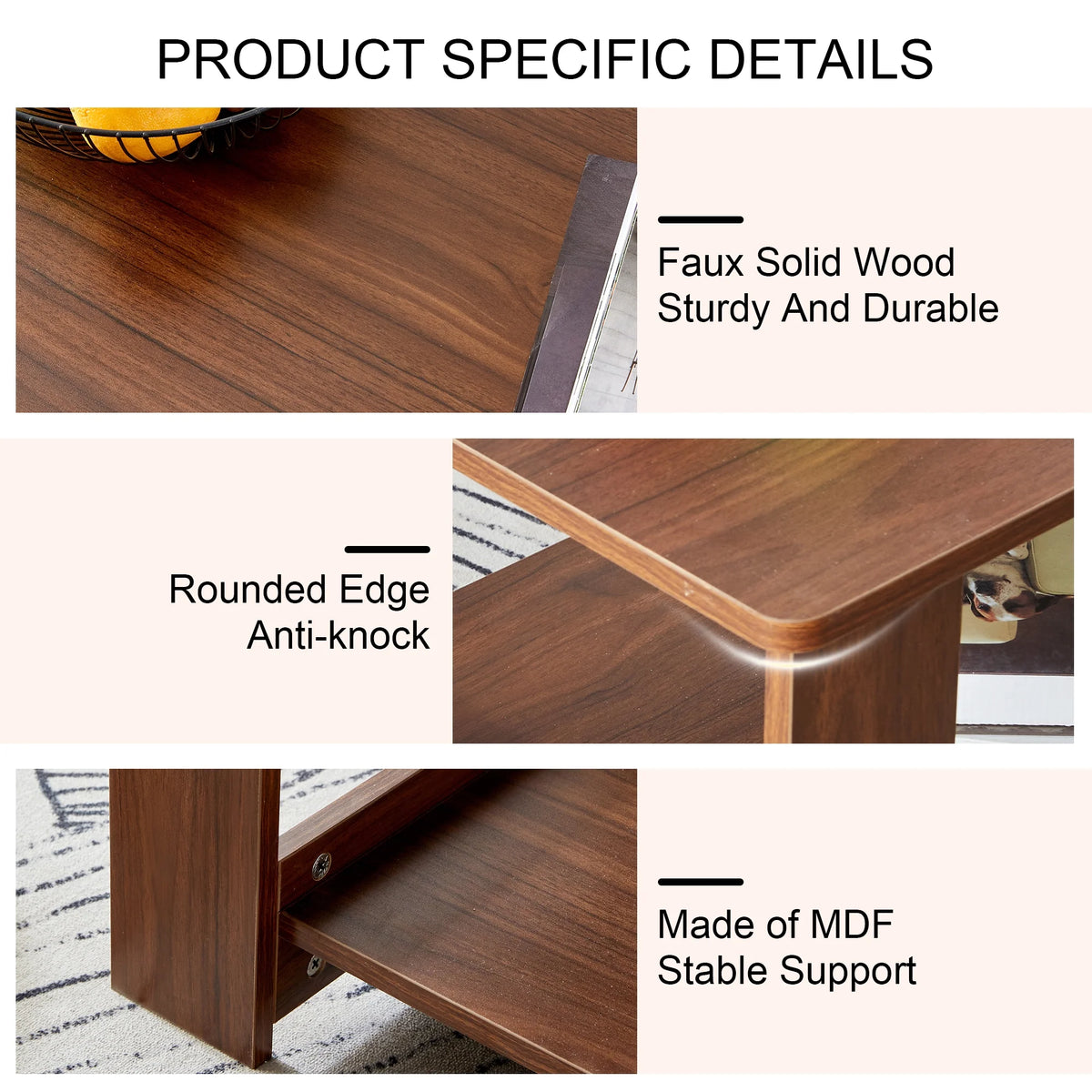 Walnut Textured Double Layered MDF Coffee Table 43.3" x 21.6" x 16.5" U82978