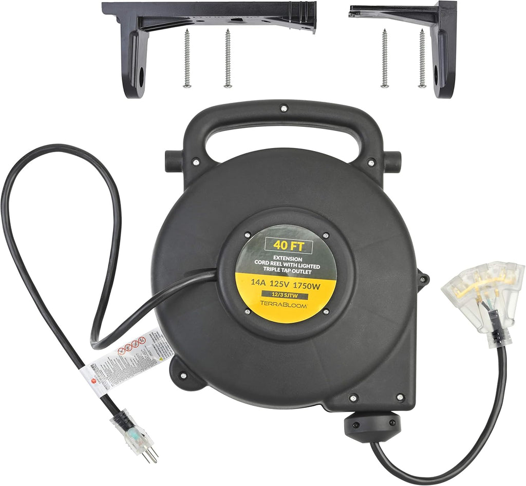 40 Ft 12/3 Retractable Extension Cord Reel with 3 Electrical Outlets P248556