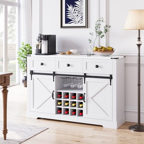 White Buffet Cabinet with 3 Drawers and Sliding Barn Door W5848