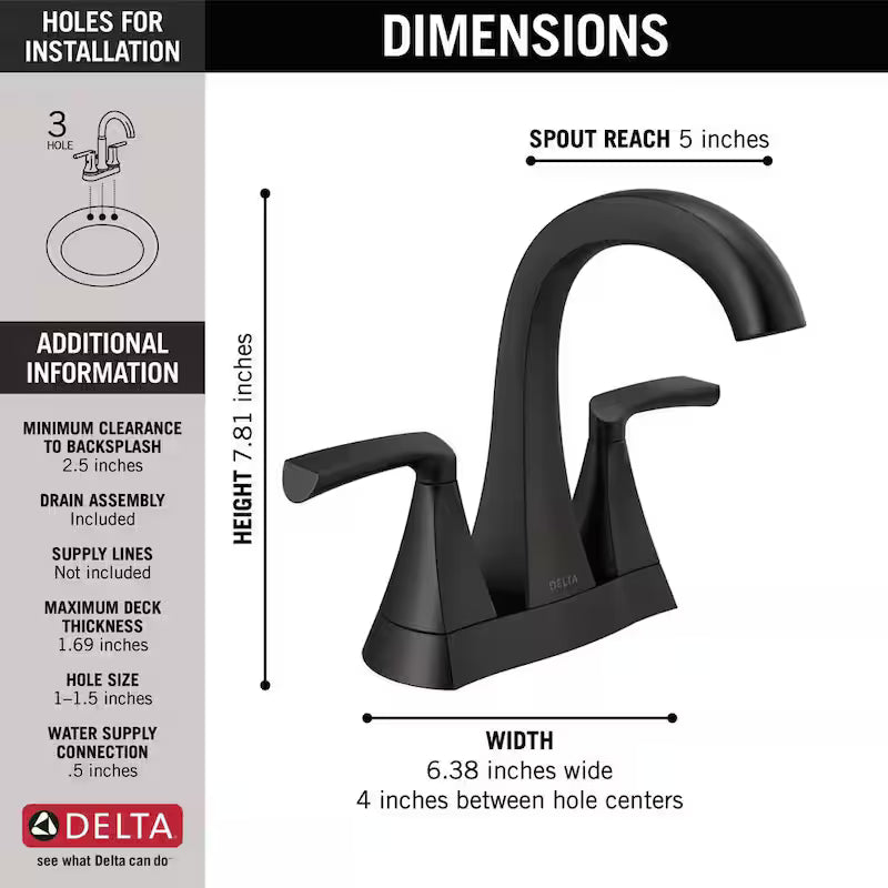 2-Handle Centerset Bathroom Faucet in Matte Black U6905